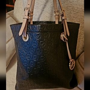 MICHAEL Michael Kors Jet Black Cream Signature Embossed Tall Tote Bag Laptop Bag